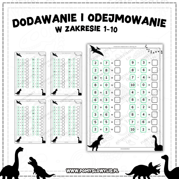 Dodawanie i odejmowanie w zakresie 1–10 (dinozaury)