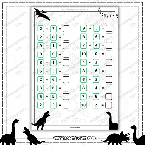Dodawanie i odejmowanie w zakresie 1–10 (dinozaury) - obrazek 2