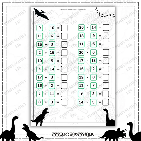 Dodawanie i odejmowanie w zakresie 1–20 (dinozaury) - obrazek 2