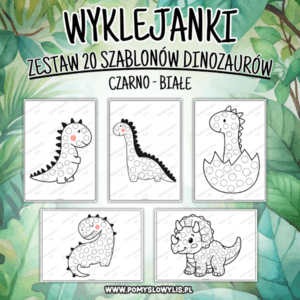 Dinozaury – kreatywne szablony do wyklejania i uzupełniania pustych pól (czarno-białe)