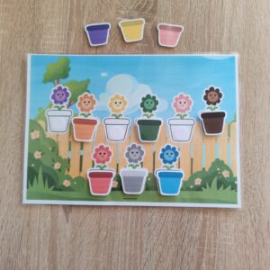 46 KRZ - Kwiaty w doniczkach – segregowanie według kolorów – karta na rzepy