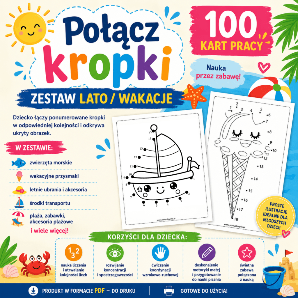Połącz kropki – Lato i Wakacje | 100 kart pracy