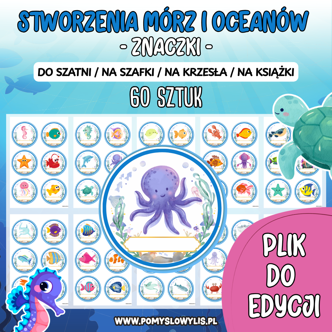 Znaczki do szatni, na szafki i krzesełka - STWORZENIA MÓRZ I OCEANÓW (WERSJA WORD DO EDYCJI)