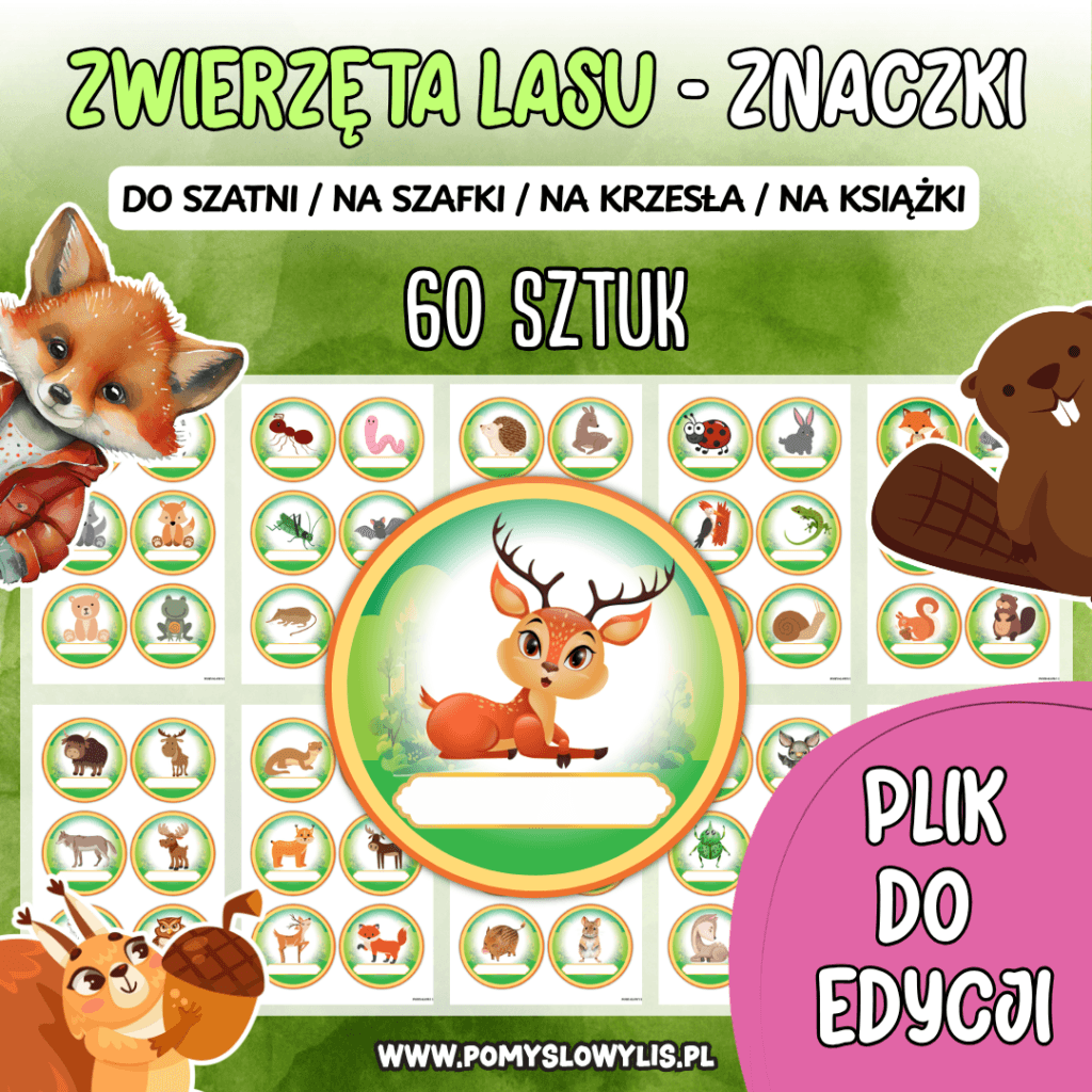 Znaczki do szatni, na szafki i krzesełka - ZWIERZĘTA LASU (WERSJA WORD DO EDYCJI)