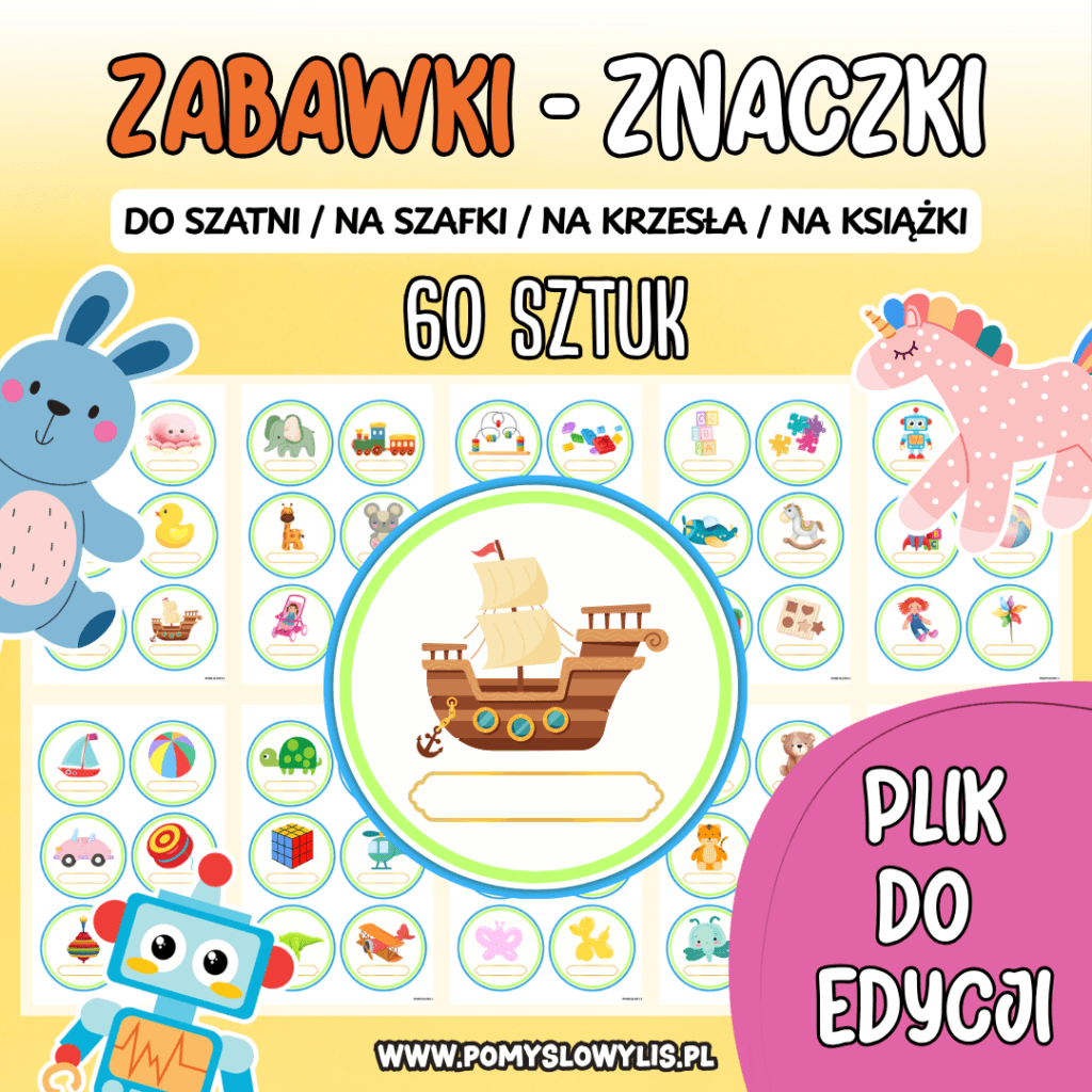 Znaczki do szatni, na szafki i krzesełka - ZABAWKI (WERSJA WORD DO EDYCJI)