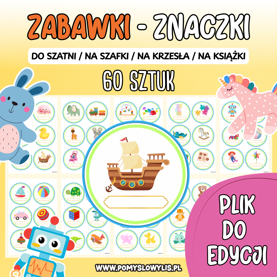Znaczki do szatni, na szafki i krzesełka - ZABAWKI (WERSJA WORD DO EDYCJI)