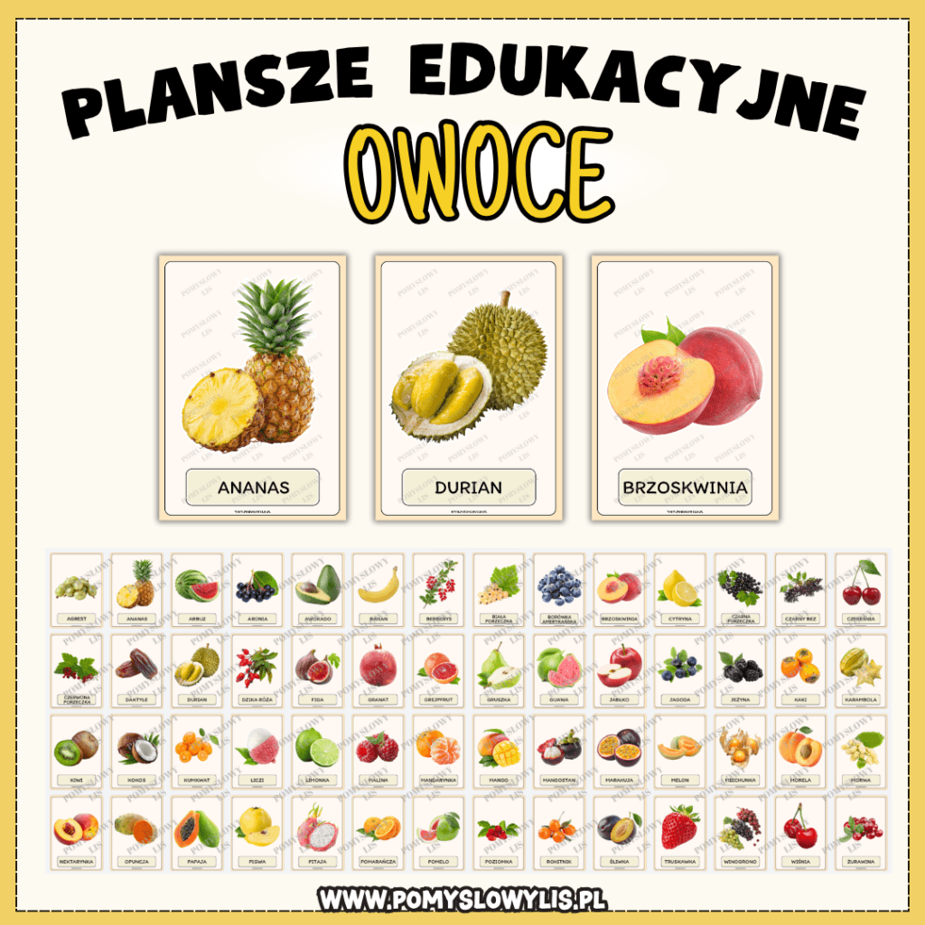 Owoce – plansze edukacyjne | 56 plansz