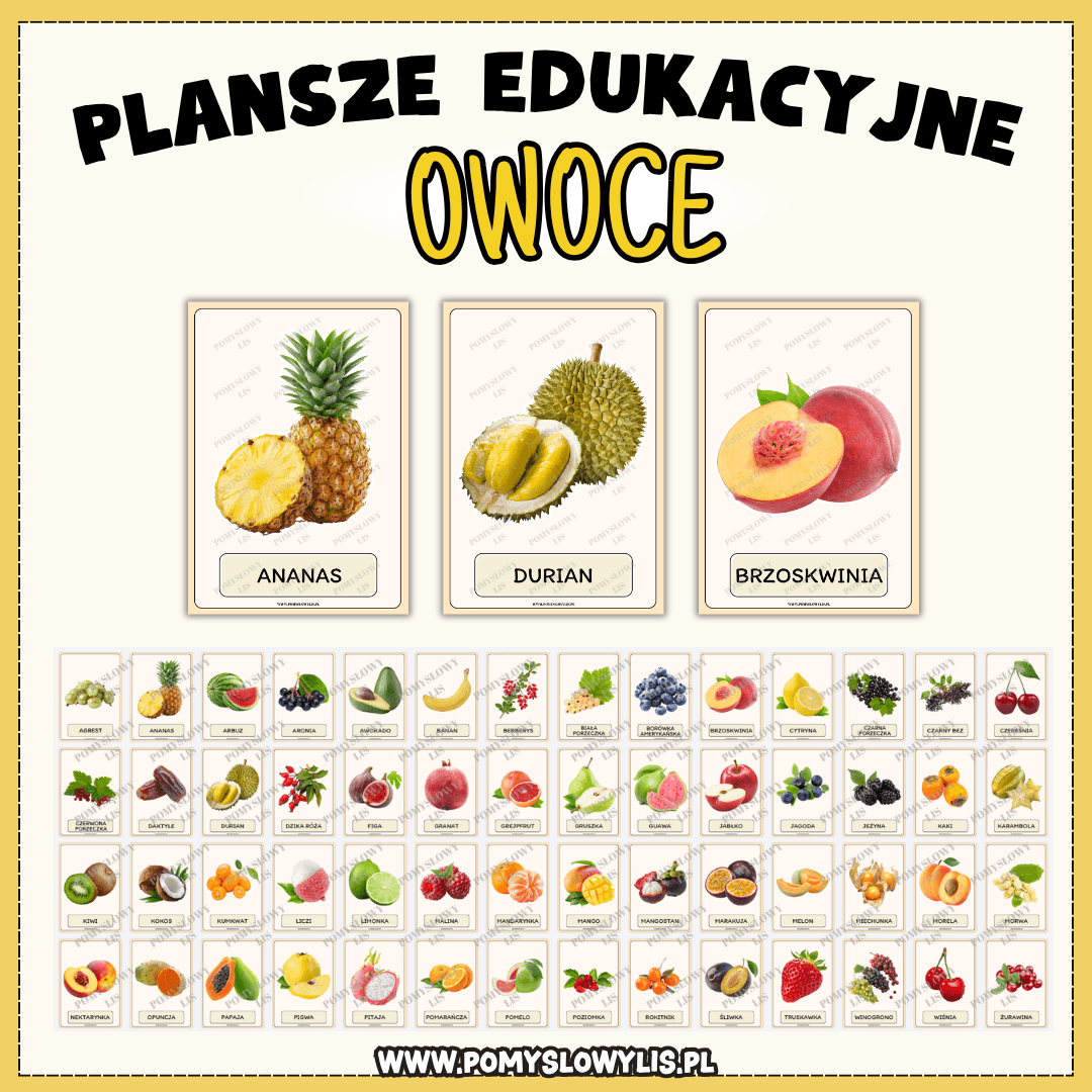 Owoce – plansze edukacyjne | 56 plansz