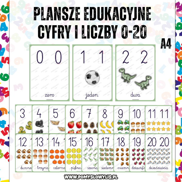 Plansze edukacyjne A4 - Cyfry i liczby 0-20